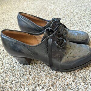 Vintage 1940s Lace-Up Heeled Oxfords Air Step – Size 4.5/5 – Black Leather